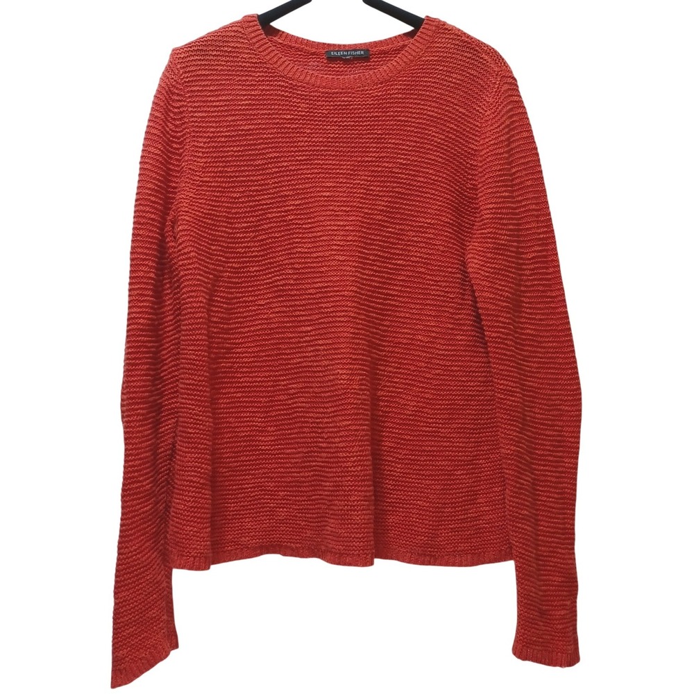 Eileen Fisher Womens S Open Knit Linen Cotton Sweater Red Orange Luxury Layer